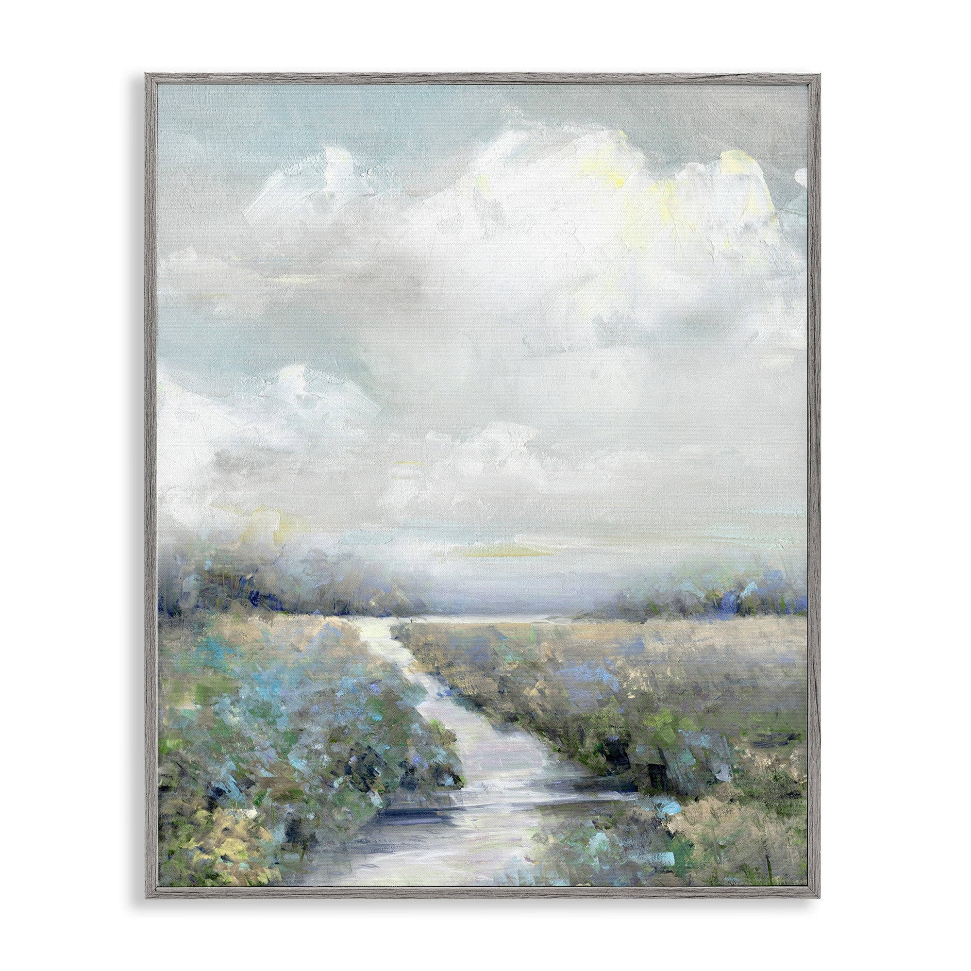 Stupell Industries Tranquil Flowers Blooming Meadow Path Puffy Clouds Painting Gray Framed Art Print Wall Art, Design by Sally Swatland