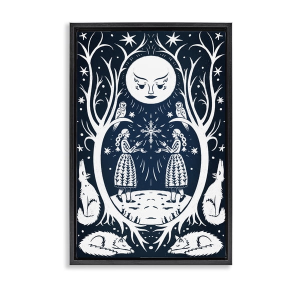 Stupell Industries Bohemian Woodland Folk Girls with Moon Black Floating Frame Canvas Art, 17 x 25, by Hannah Moren