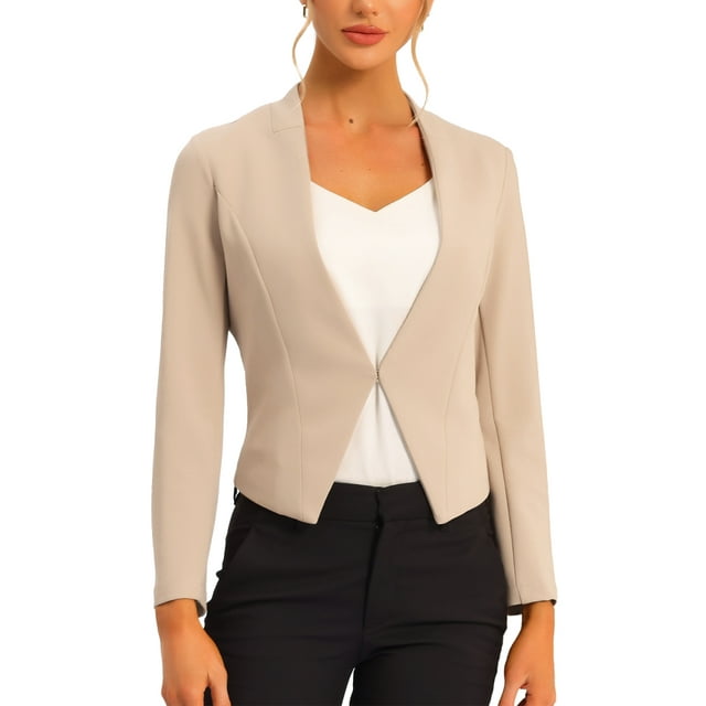 Blazer de Travail pour Femme Sans Col, Veston de Style Professionnel Décontracté, Blazer Court, TP, Camel