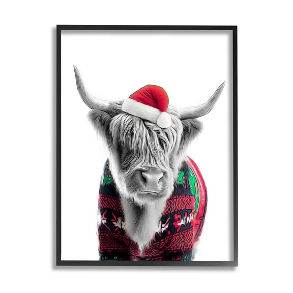 Stupell Industries Cow in Christmas Sweater Holiday Painting Black Framed Art Print Wall Art, 11 x 14