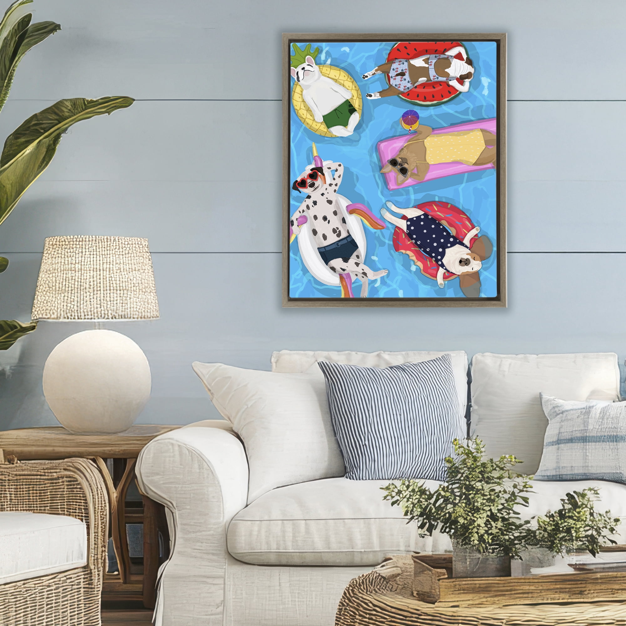 Stupell Industries Summer Sunbathing Dogs Brown Framed Floater Canvas Wall Art, design by Hanna Melin