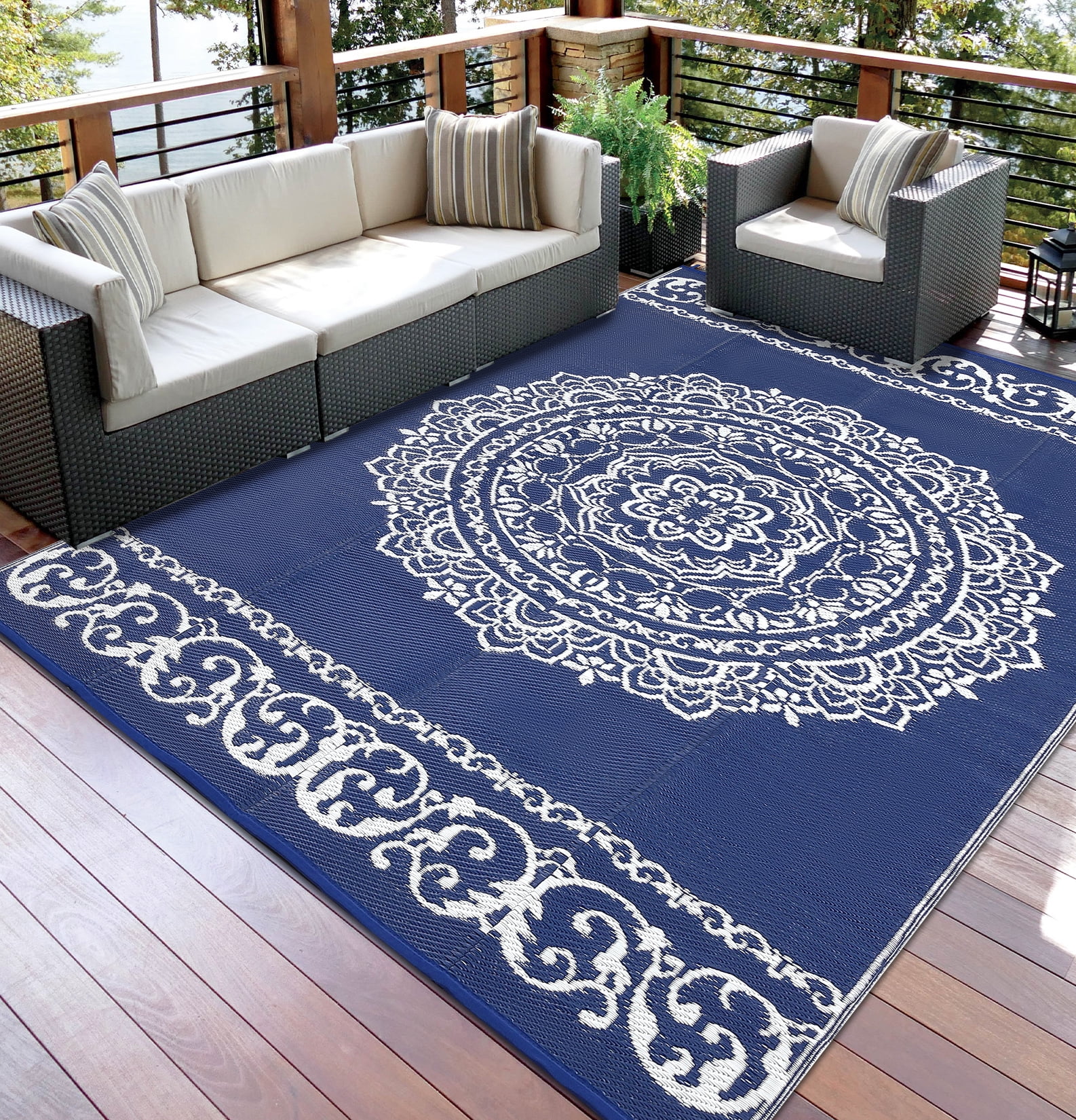 Haperlare 9'x18' Outdoor Rug for Patio, Waterproof Reversible Plastic Straw Rug Boho Indoor Outdoor UV Resistant Camping Carpet for RV, Backyard, Deck, Picnic, Dark Blue and White