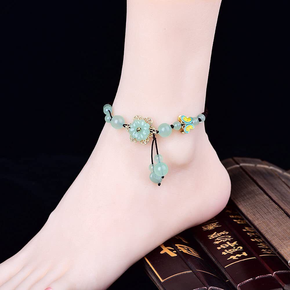 Adjustable Green Jade Flower Bracelet Anklet Jewellery Amulet Women Luck Bangle