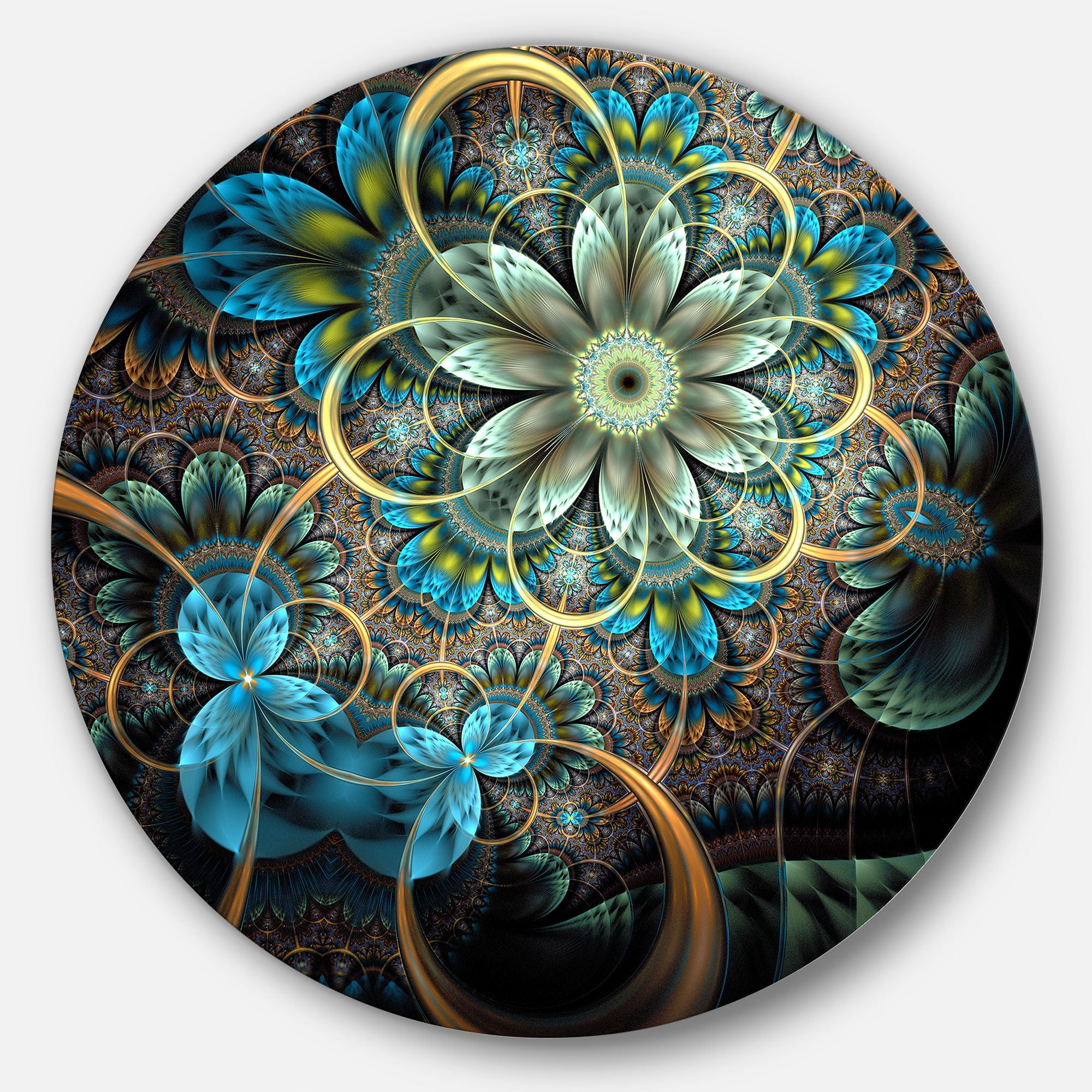 Designart 'Lighted Blue Fractal Blue Flowers' Disc Floral Circle Metal