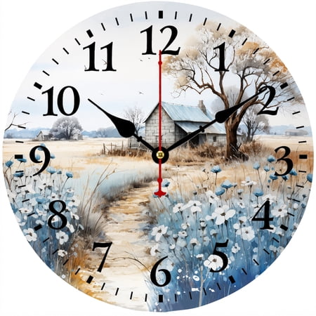 CozyHour 9.84 Inch Farmhouse Wall Clock, Rustic Country Landscape Decorative Clock, Vintage Analog Wall Clock for Living Room Kitchen Bedroom Home Decor