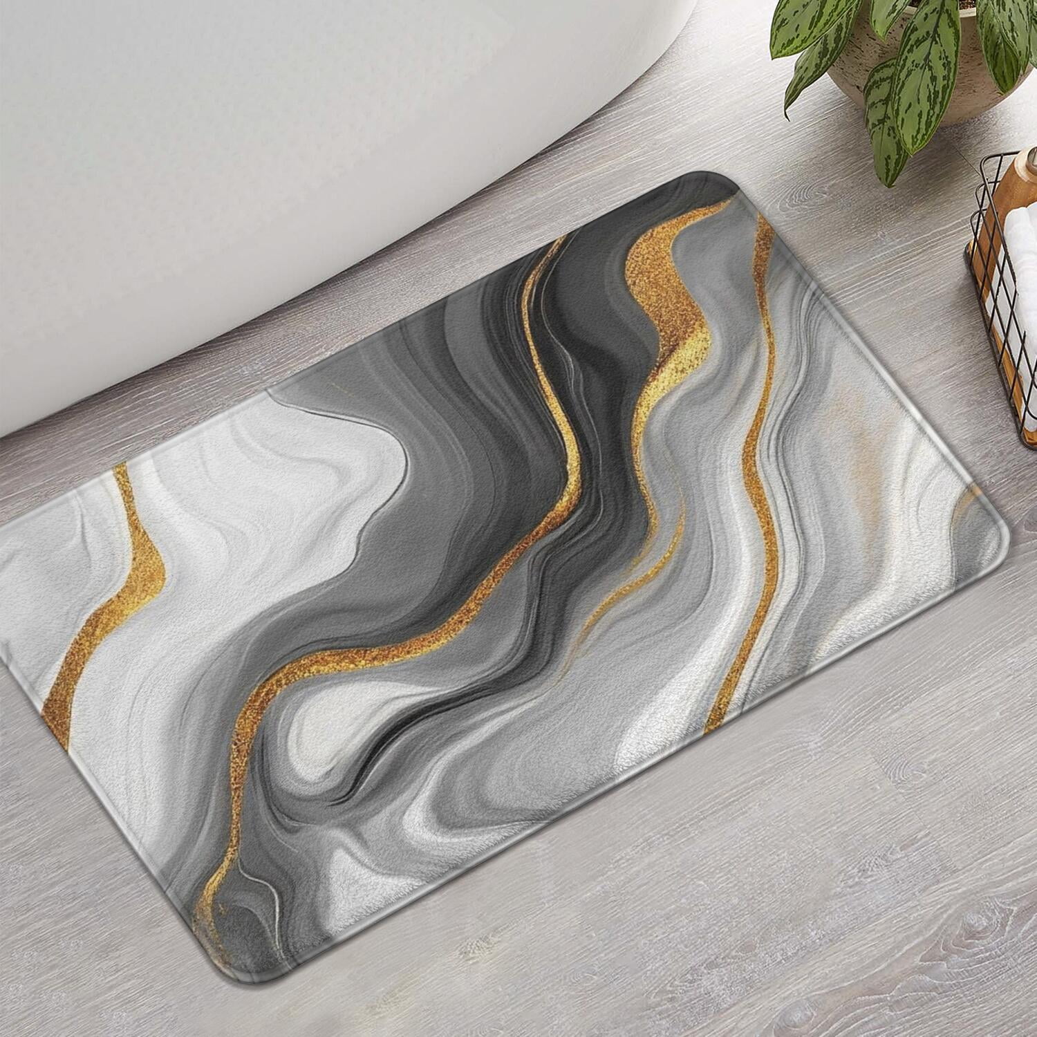 Gray White Gold Marble Pattern Bathroom Rugs Mat,Non Slip Microfiber Bathroom Rug,Rubber Backing,Soft Bathroom Mats for Bathroom Floor,Tub and Shower,17x30in(43x75cm)