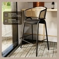 thumbnail image 6 of LeisureMod Bar Stool Upholstered in Leather with Powder-Coated Stainless Steel Black Base and Curved Wicker Back Design for Modern Home, Dining Room, Kitchen Ervilla Collection in Black, 6 of 12