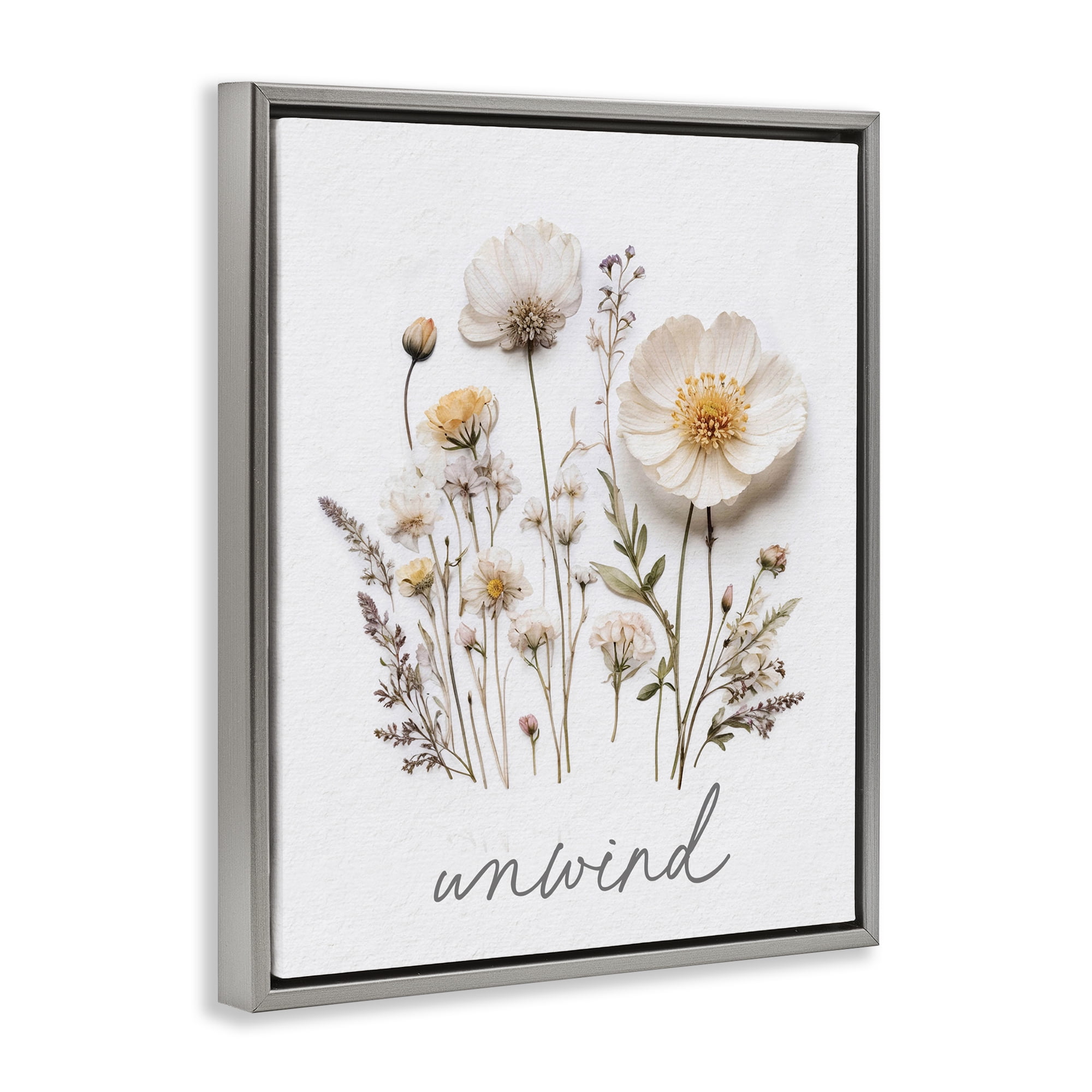 Pressed Flowers Unwind Gray Framed Floater Canvas Wall Art, design by Lettered and Lined