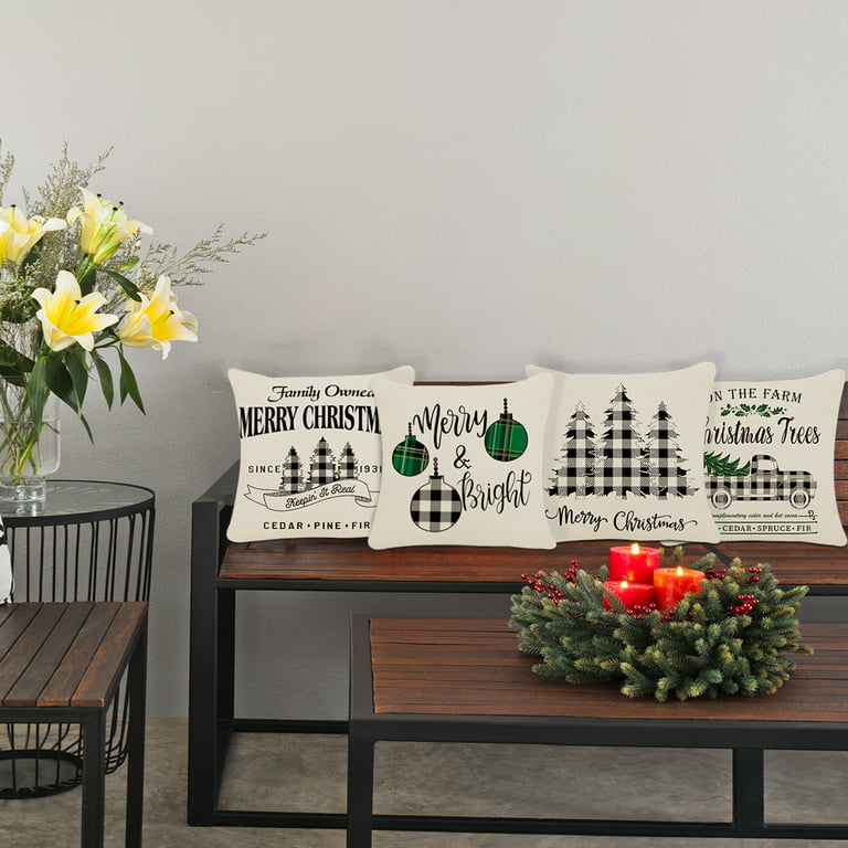 Modern Farmhouse Pillow Covers 18x18 Set of 4, Black Buffalo Plaid