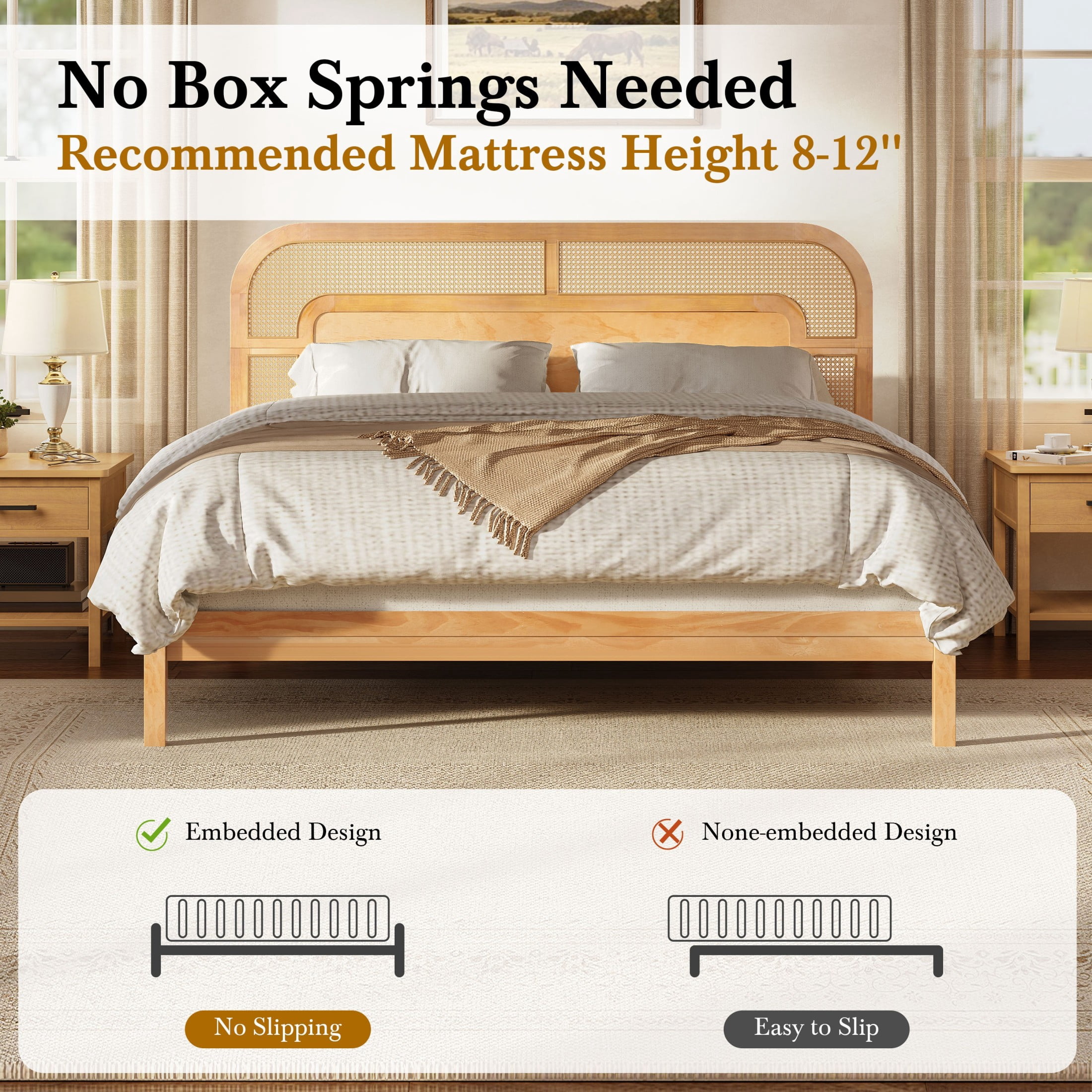 Christopher Knight Home Bohemian Queen Platform Bed with Rattan Headboard, Solid Wood Frame, Oak