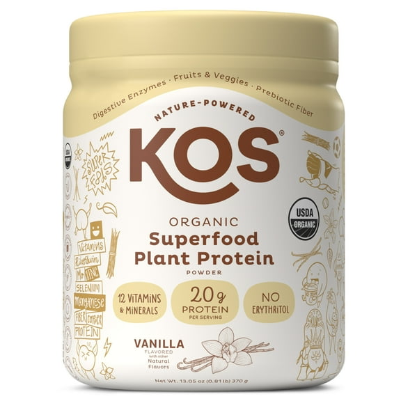 KOS Organic Plant Based Protein Powder, Vanilla, 20g Protein, 10 Servings, 13.05oz