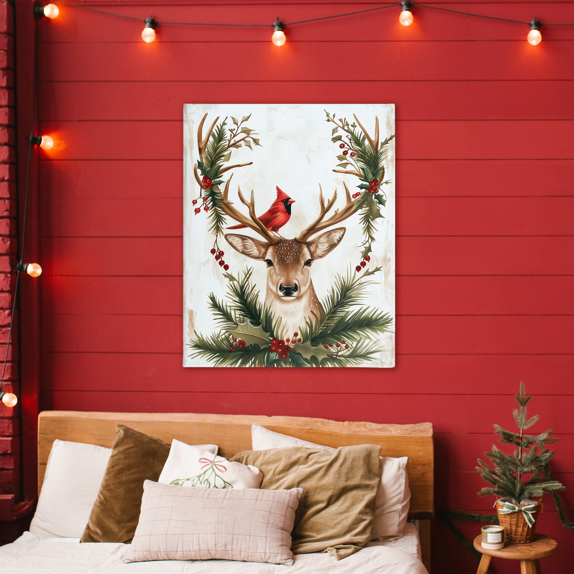 Stupell Industries Cardinal & Deer with Festive Flora Canvas Wall Art, design by Acorn & Ivory Designs