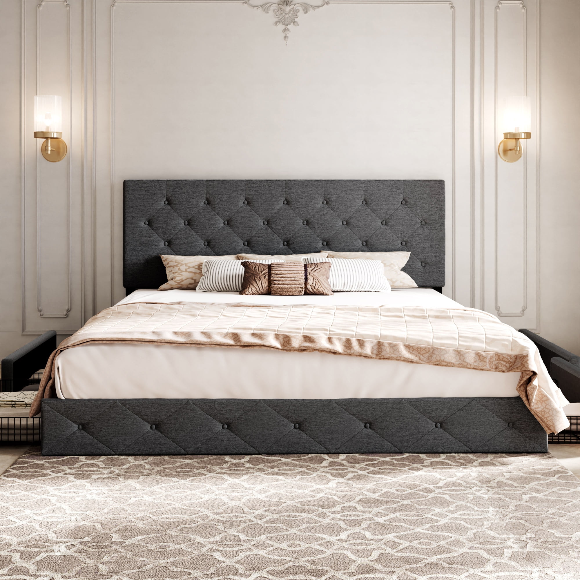 Sifurni King Size Upholstered Platform Bed Frame with 4 Drawers Storage and Diamond Stitched Button Tufted Headboard, Dark Grey