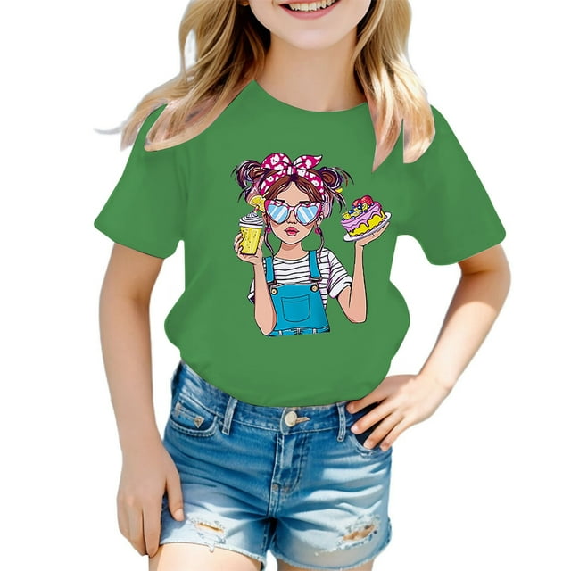 GDREDA Vêtements Fille Enfant Filles Mignon Graphique Col Rond Manches Courtes T-Shirt d'Été Décontracté Hauts pour Fille Tendance Vert, 5-6 Ans
