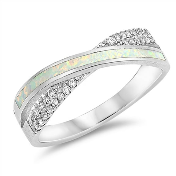 CHOOSE YOUR COLOR White Simulated Opal Double Shank Criss Cross Ring 925 Sterling Silver Band CZ Female Size 6