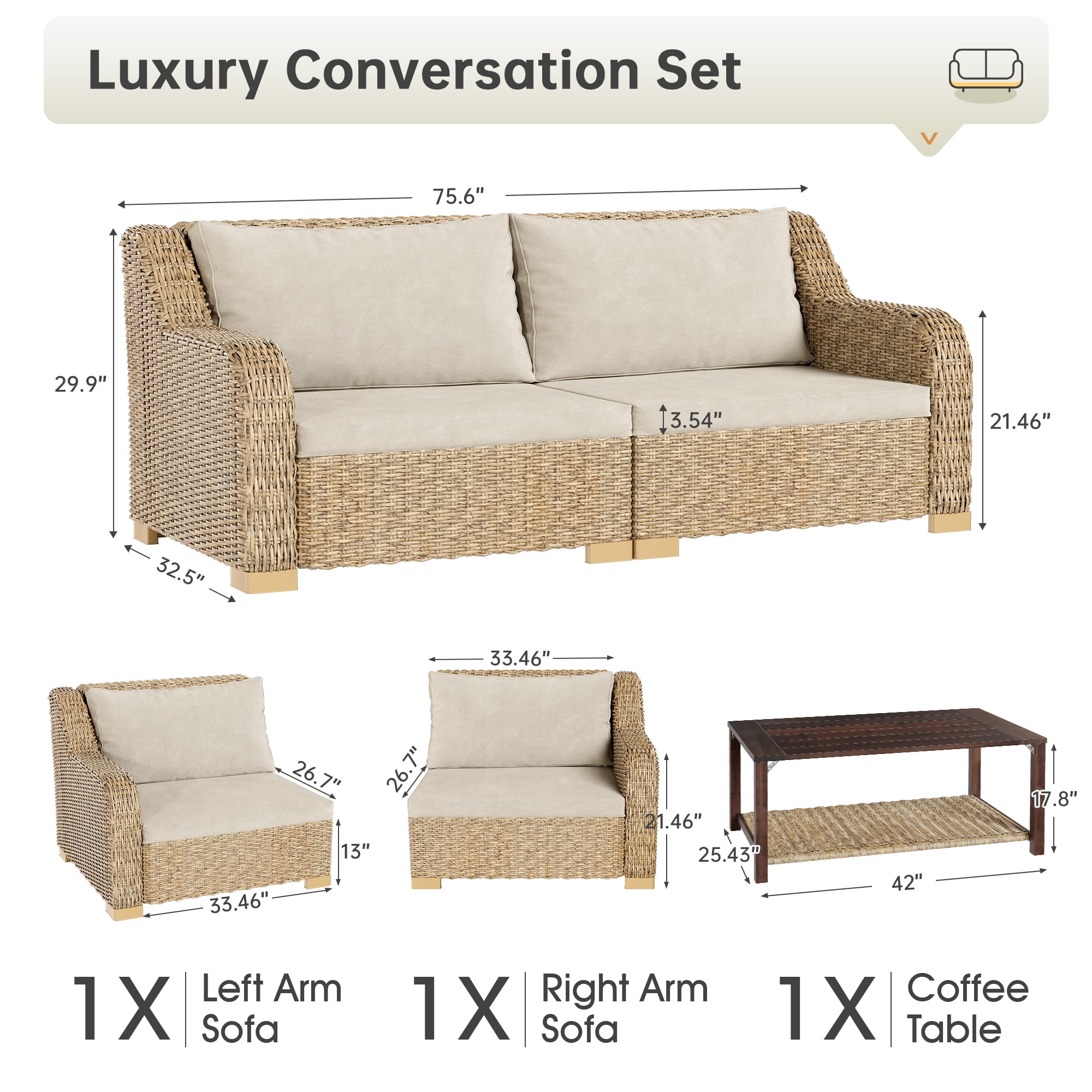 LHBCraft 3-Pieces Outdoor Patio Furniture Set, Wicker Loveseat and Coffee Table Set, with Grey Cushions and Natural Wicker