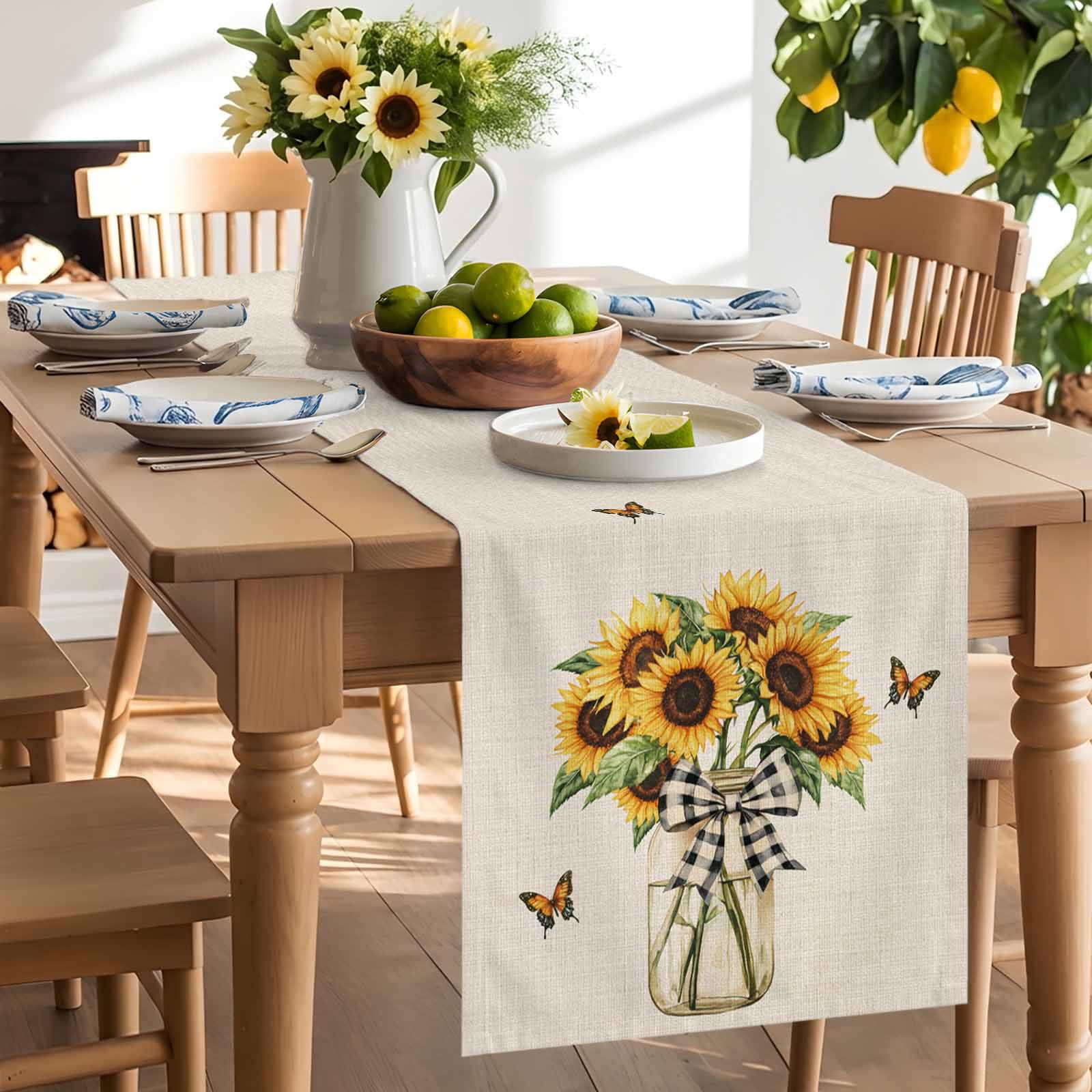 Vintage Sunflower Butterfly on Linen Table Runner 90 Inches Long, Welcome Seasonal Floral Bow Table Runners Tabletop Scarf Kitchen Dining Tables Decoration for Home Party Indoor Outdoor