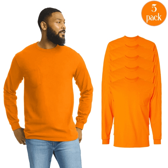 Gildan Men's Ultra Cotton Long Sleeve Pocket T-Shirt, Durable Hi-Vis Safety Orange Tee, 5-Pack, S