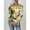 thumbnail image 3 of Women'S Floral Dressy Casual V Neck Button Down Shirts Lantern Long Sleeve Boho Chiffon Fall Tops Green Yellow S, 3 of 8