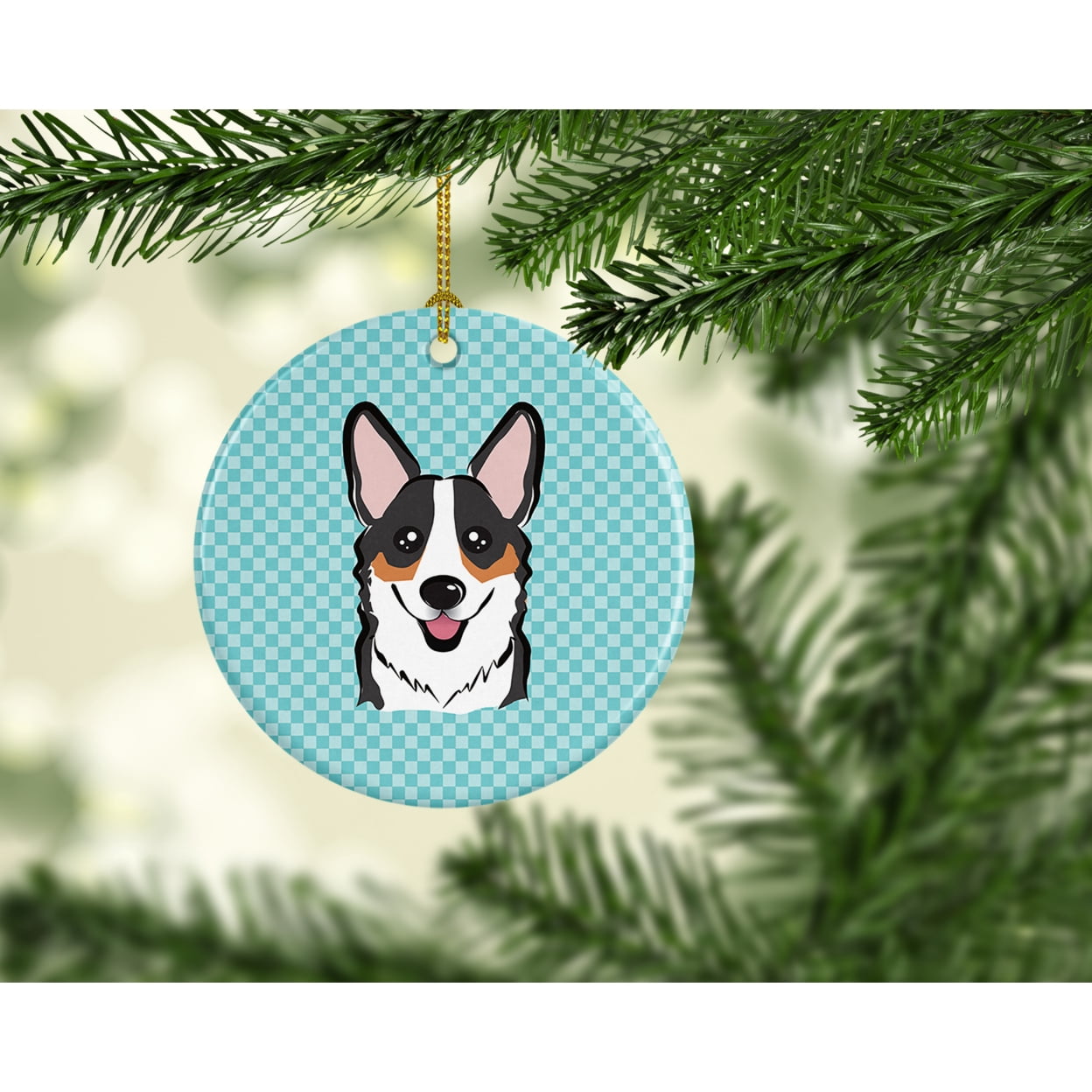 Carolines Treasures BB1193CO1 Checkerboard Blue Corgi Ceramic Ornament- 2.81 Dia.