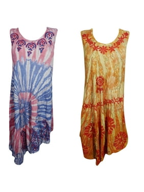 Mogul 2 Pc Womens Boho Gypsy Tank Dress Tie Dye Embroidered Beach Covberup