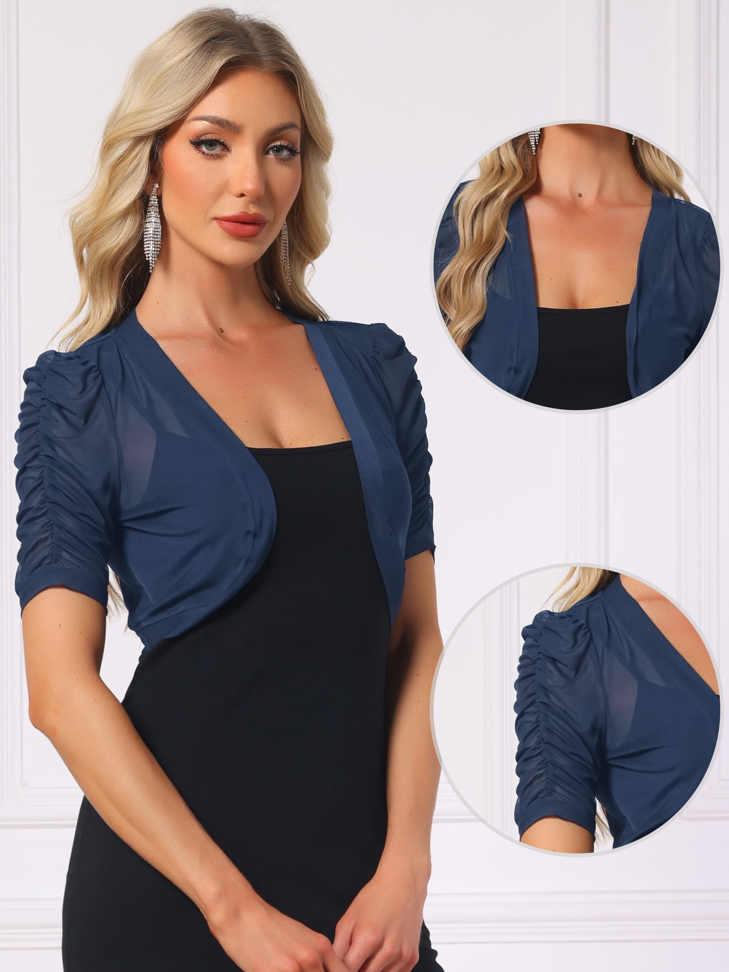 DARING DIVA Women's Open Front Short Sleeve Mesh Sheer Shrug S Navy Blue