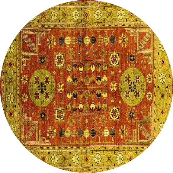 Ahgly Company Machine Washable Indoor Round Oriental Yellow Industrial Area Rugs, 3' Round