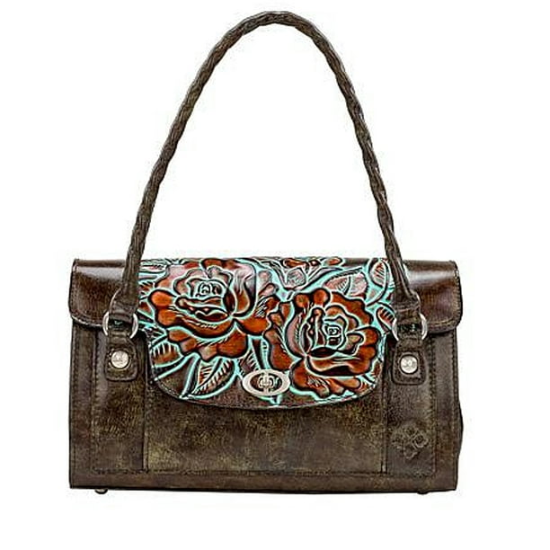 Patricia Nash SANABRIA Rose Tooled Leather Satchel Turquoise Tooled