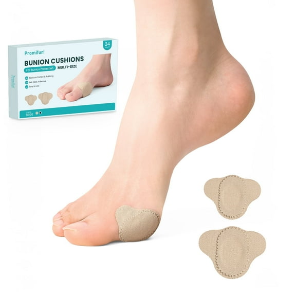 Promifun Bunion Pain Relief Pads to Wear with Shoes - 24 ct Bunion Cushion - Moleskin Protect Feet for Men and Women - Water-Resistant Self-Stick Adhesive (Multi-Size)