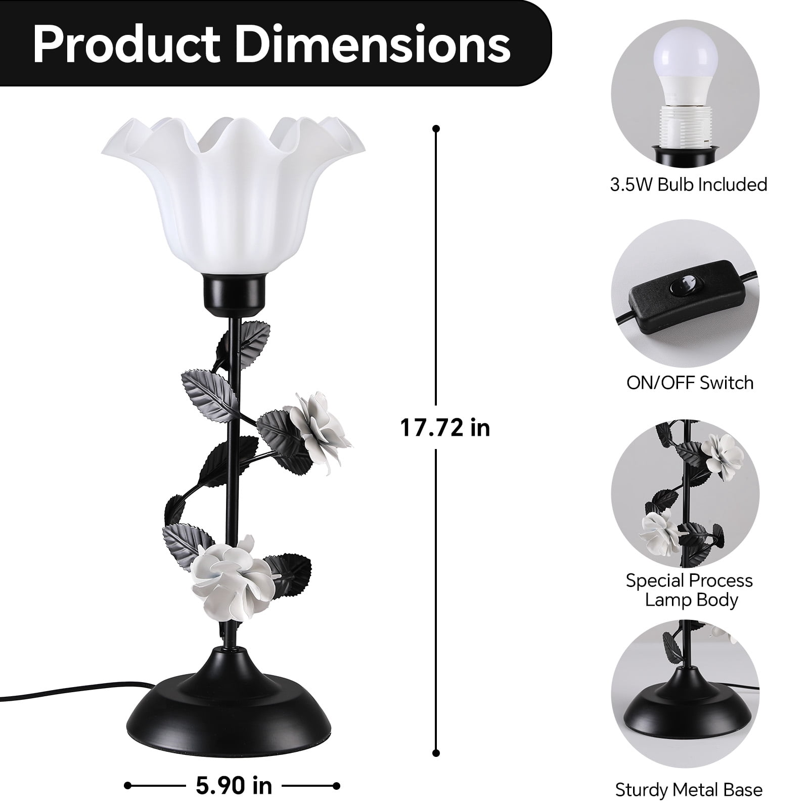 SUNMORY 17.72” Table Lamp Set of 2, Elegant Rose Lamps with 3 Color Temperature, Table Lamps for Living Room, Bedside Nightstands Lamps for Bedroom, Metal Flower Design & Sturdy Base, Black