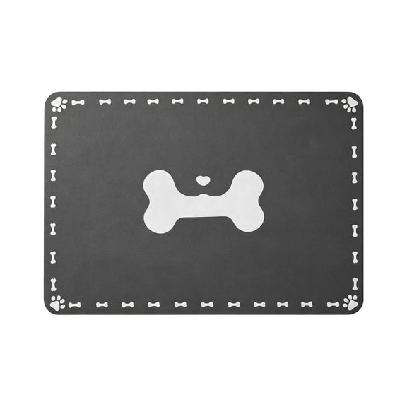 Pet Feeding Mat, 23.6inX15.7in Waterproof Quick-Dry Dog Cat Bowl Mat with Bone & Paw Print, Non-Slip, Black