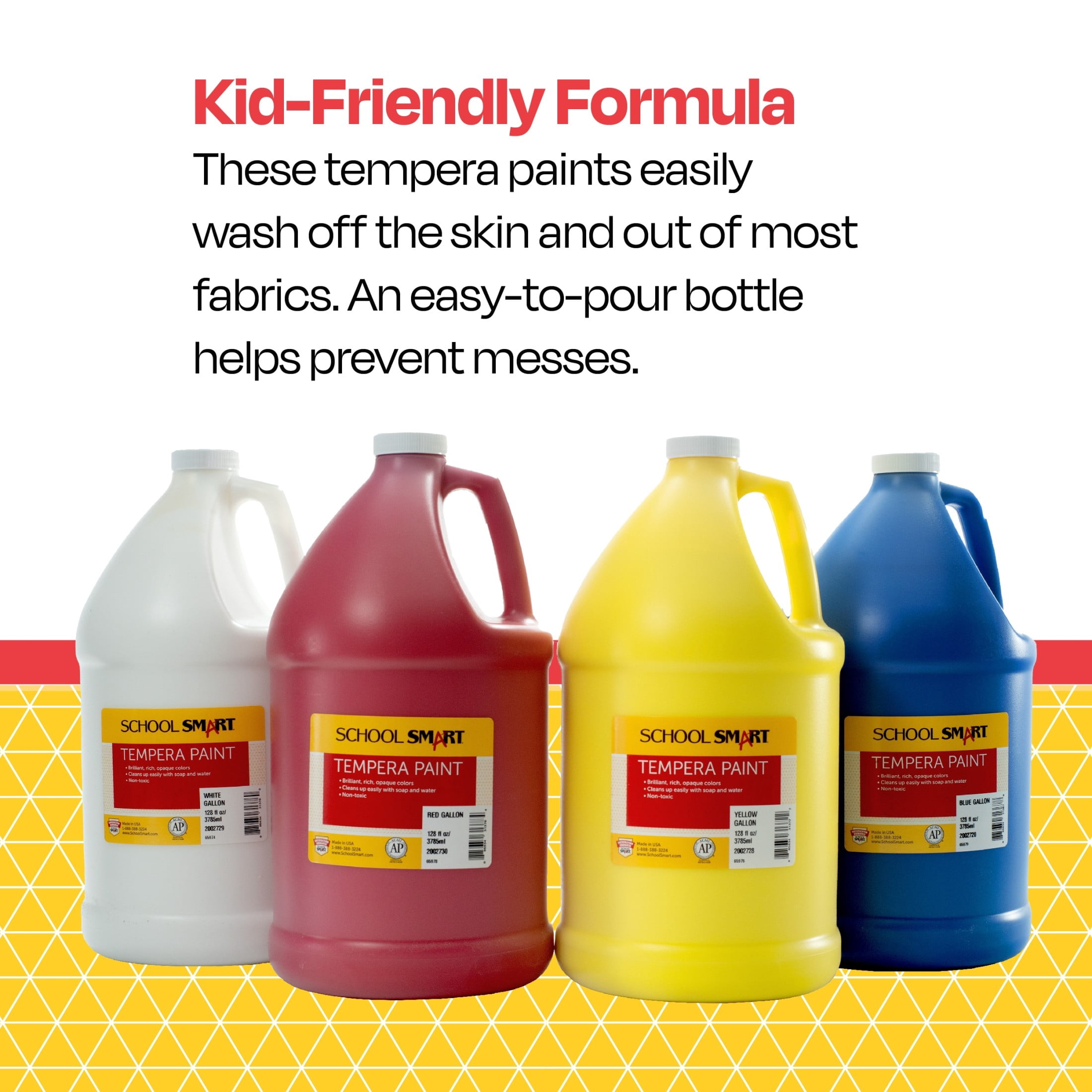Washable Tempera Paints, 1 Gallon Bottles, Assorted Colors, Set of 4