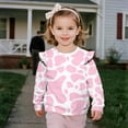 thumbnail image 3 of Yuyamidu Pink Cow Print Sweatshirt for Girls Size 5-6 Cute Ruffle Shoulder Long Sleeve Top Y2K Graphic Crewneck Sweatshirts Soft Lightweight Workout Pullover Everyday Clothes, 3 of 8