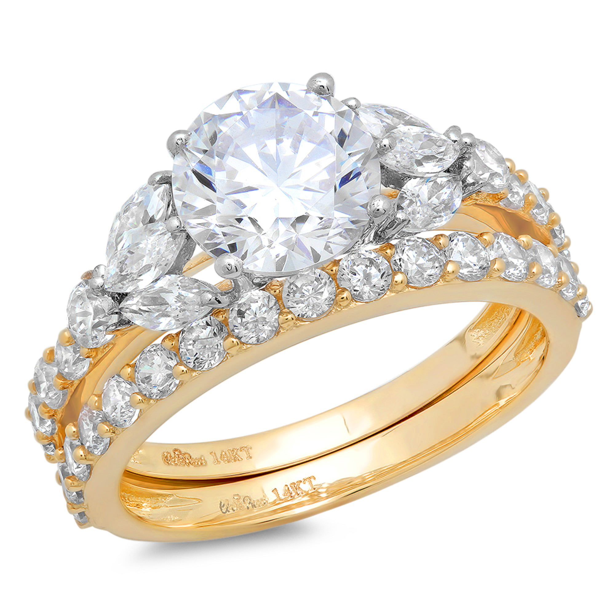 2.62ct Round Marquise Cut Bridal Engagement Wedding Ring Band Set14k Yellow Gold 
