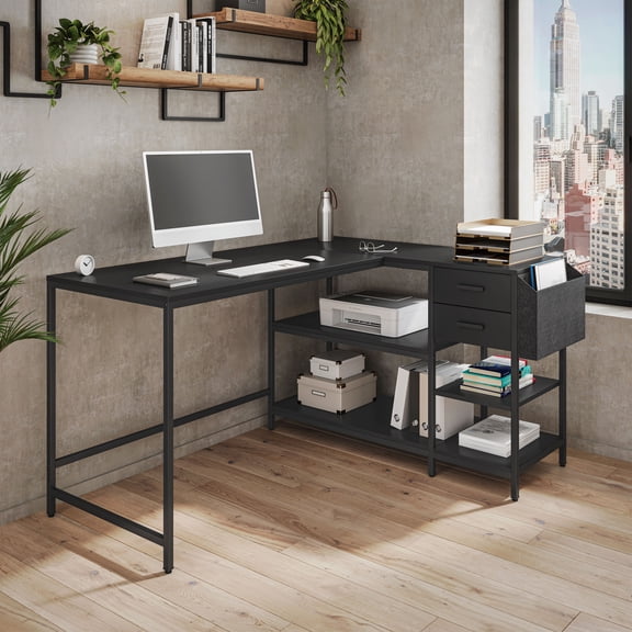 L-Shaped Corner Computer Desk with Storage, Metal Frame Workstation with Open Shelves, 2 Drawers & Fabric Organizer for Home Office Study