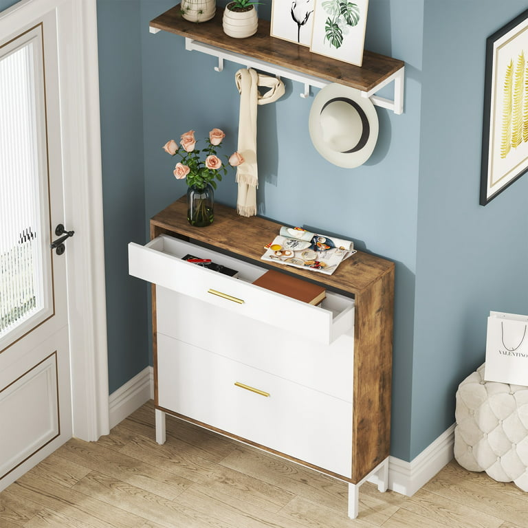 White Shoe Bench with Coat Rack for Entryway, Wood Shoe Cabinet with Flip  Drawer