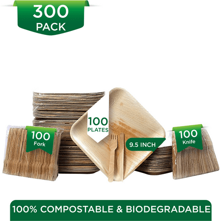 

Raj Palm Leaf Plates [300-Pack] 100x9.5 Plates 100 Forks 100 Knives like Bamboo plates Disposable Strong Compostable Tableware for wedding Lunch Dinner Birthday Camping Outdoor