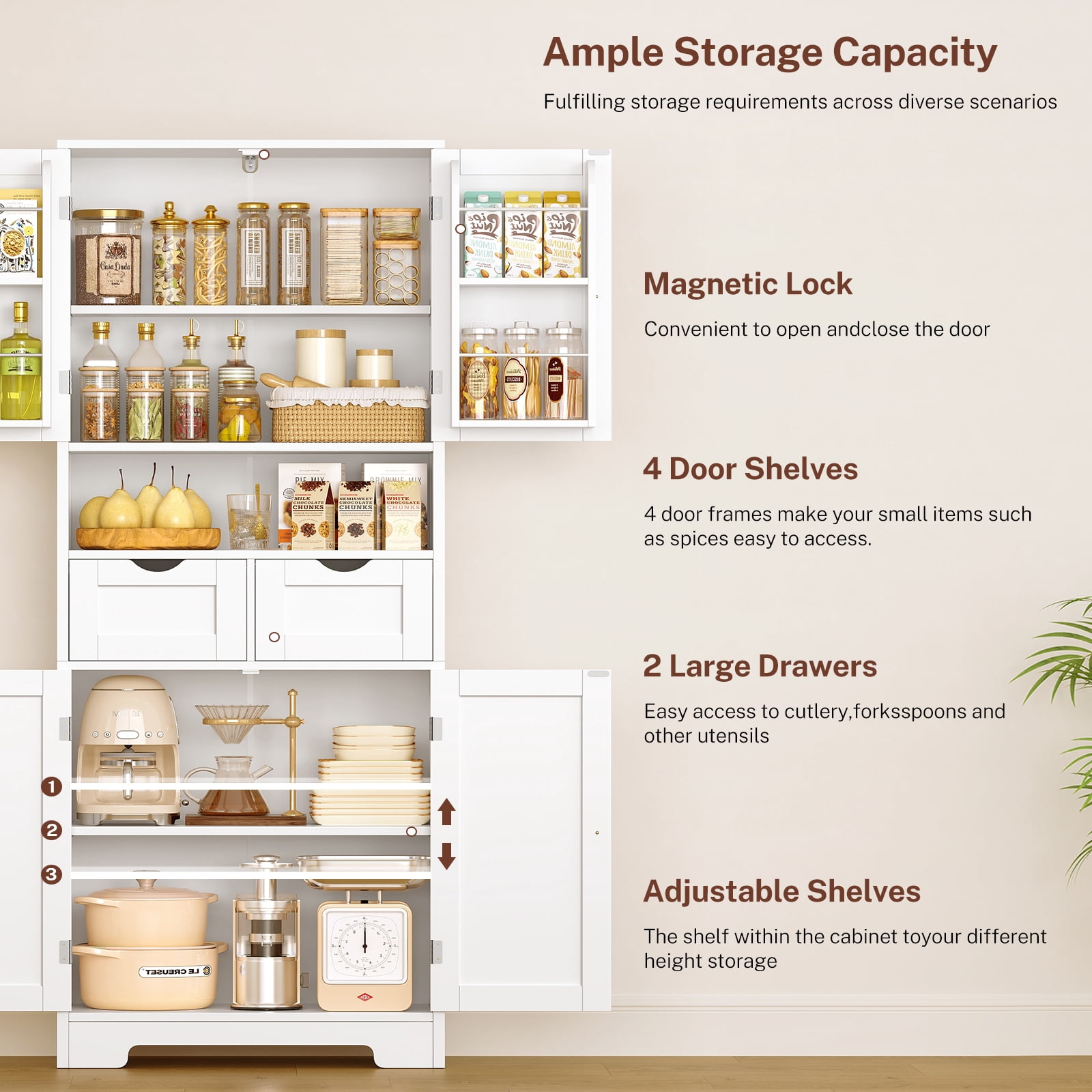 TEENFON Kitchen Pantry Cabinet with Adjustable Shelf, Tall Storage Cabinet with 2 Drawers & 4 Door Shelves, Food Pantry Cabinets, for Kitchen, White