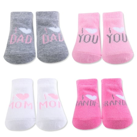 Baby Essentials Grey Pink Newborn Baby Socks I Heart Dad You Mom Grandma Gift Box - Best Baby Socks - Favorite Unique Newborn Cute Baby Shower Gift