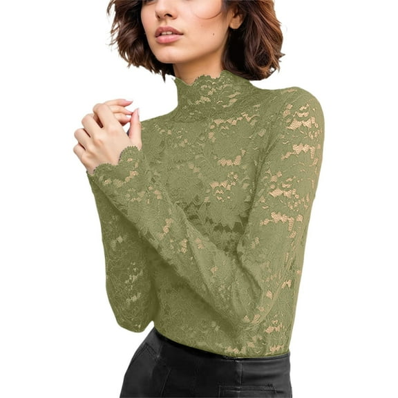 UJNDER Women's Floral Lace Top Long Sleeve Mesh Underwear Blouse Shirt Tops for Women Casual Green M