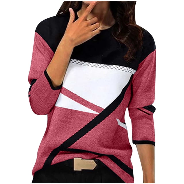ZVAVZ Chandails en Molleton à Blocs de Couleur pour Femmes, Manches Longues, Col Rond, Patchwork, Épaule Tombante, Coupe Ample, Tendance