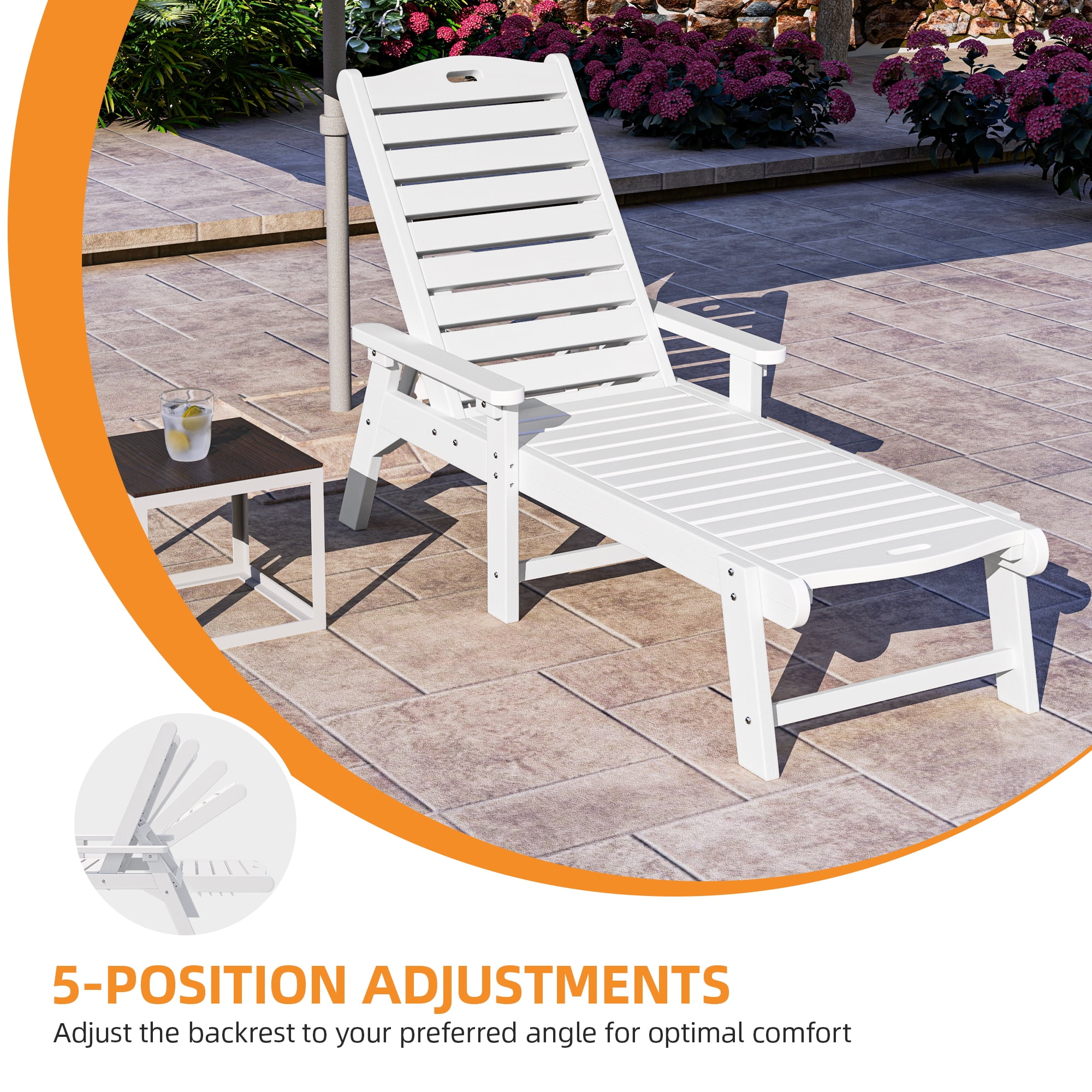 Uforic Outdoor Heavy Duty Resin Patio Lounger with Adjustable Backrest, Wide Armrest, White
