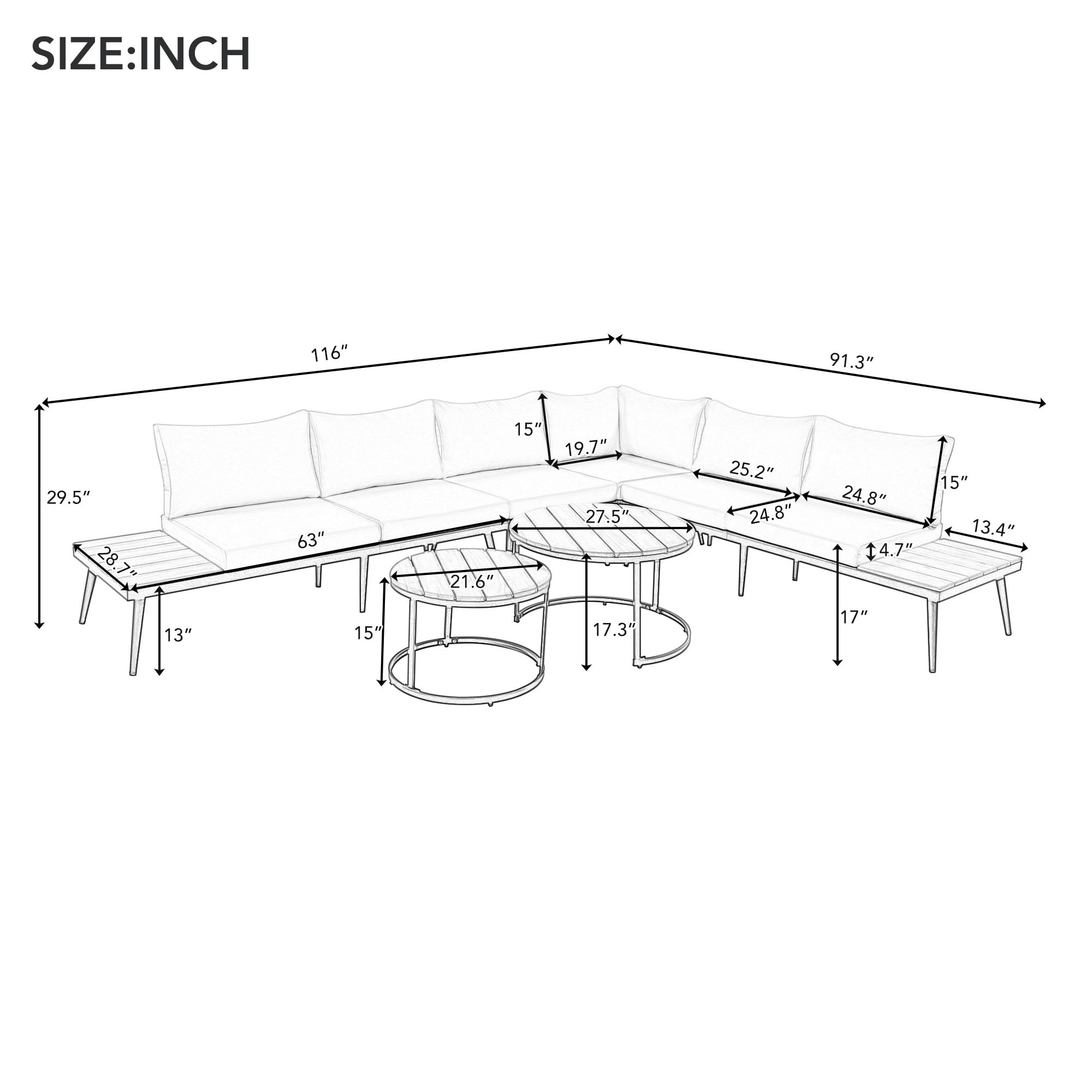 Harper & Bright Designs Metal Outdoor Sectional Furniture L Shape Patio Conversation Sets, 6 Pieces Patio Furniture Sets with Round Nesting Coffee Tables for Garden, Backyard and Porch