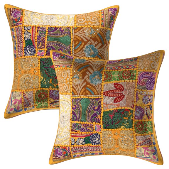 Stylo Culture Ethnic Cotton Living Room Throw Pillow Covers Mango Yellow 16x16 Bohemian Vintage Patchwork Ethnic Sofa Cushion Covers 40 x 40 cm Decorative Floral Square Pillow Cases | Set Of 2