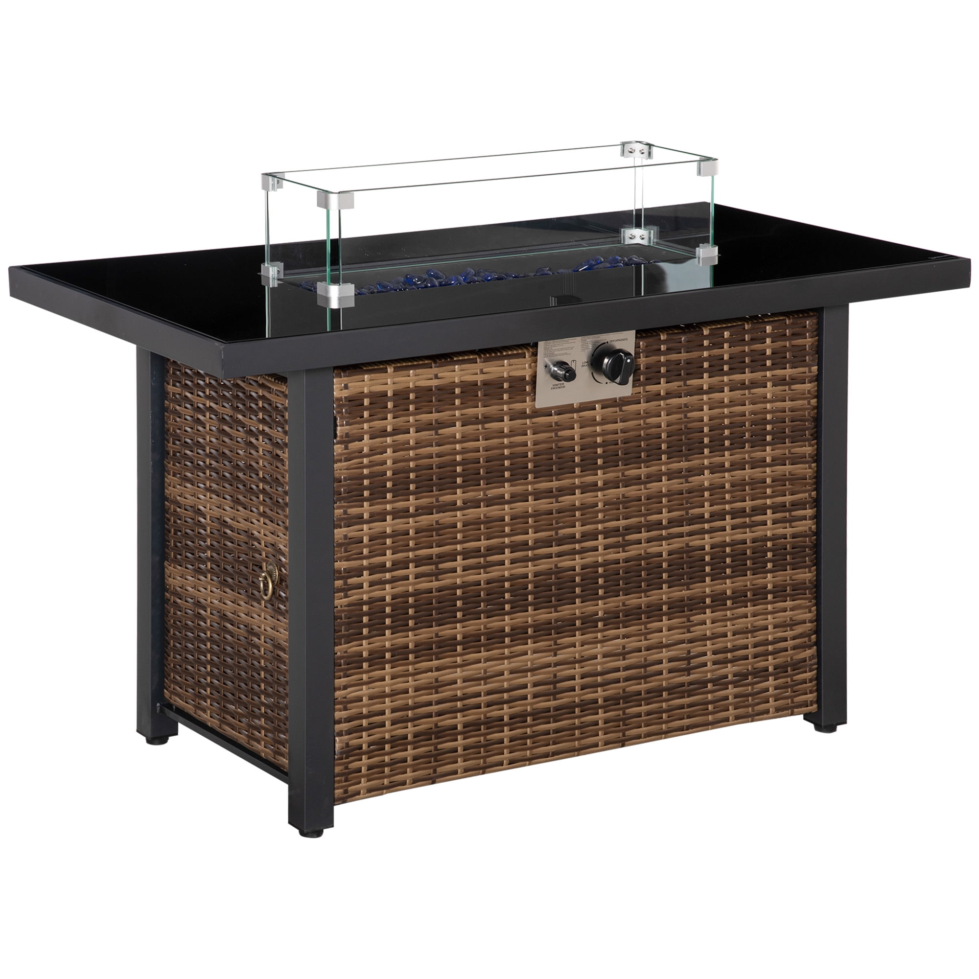 Aimee Lii 43" Outdoor Propane Gas Fire Pit Table, 50,000 BTU Auto-Ignition Wicker Gas Firepit with Glass Wind Guard, Blue Glass Rock, Brown