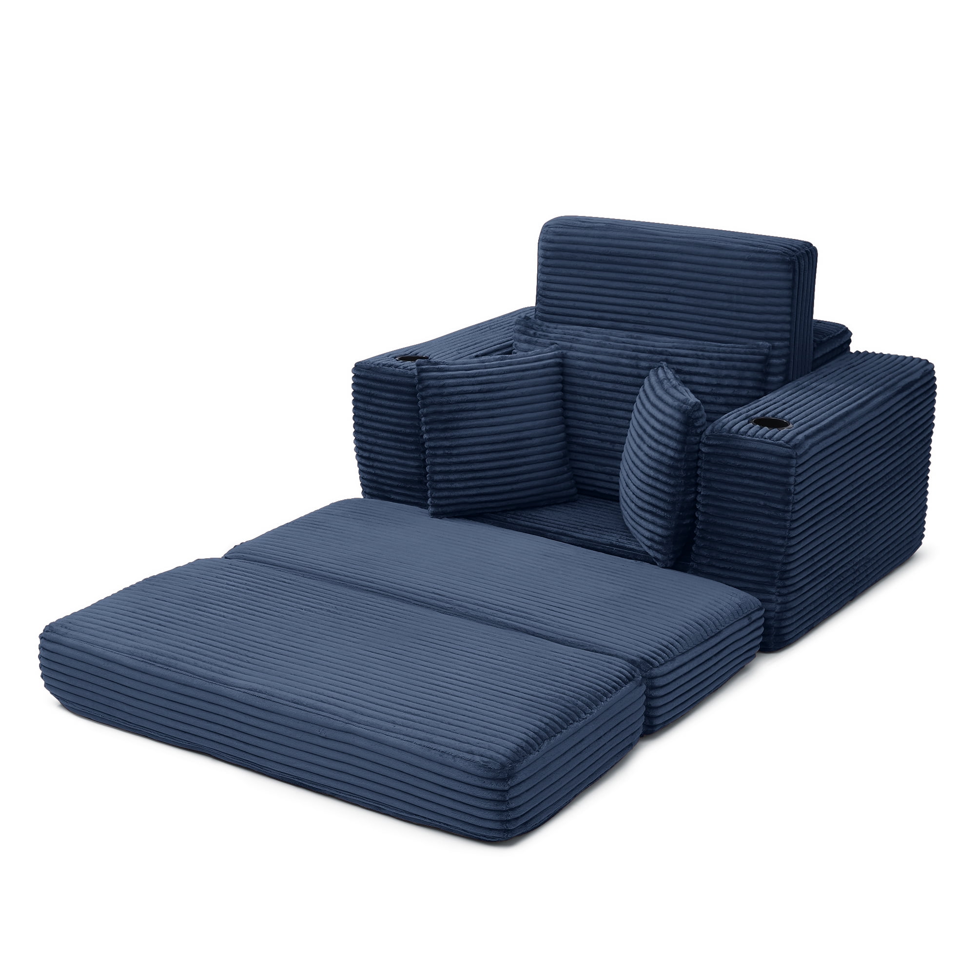 Miniyam 52″ x 61″ No-Spring Boneless Convertible Sofa with Ottoman – 3-Way Sleeper, High-Resiliency Foam, Armrest Cup Holders (Blue)
