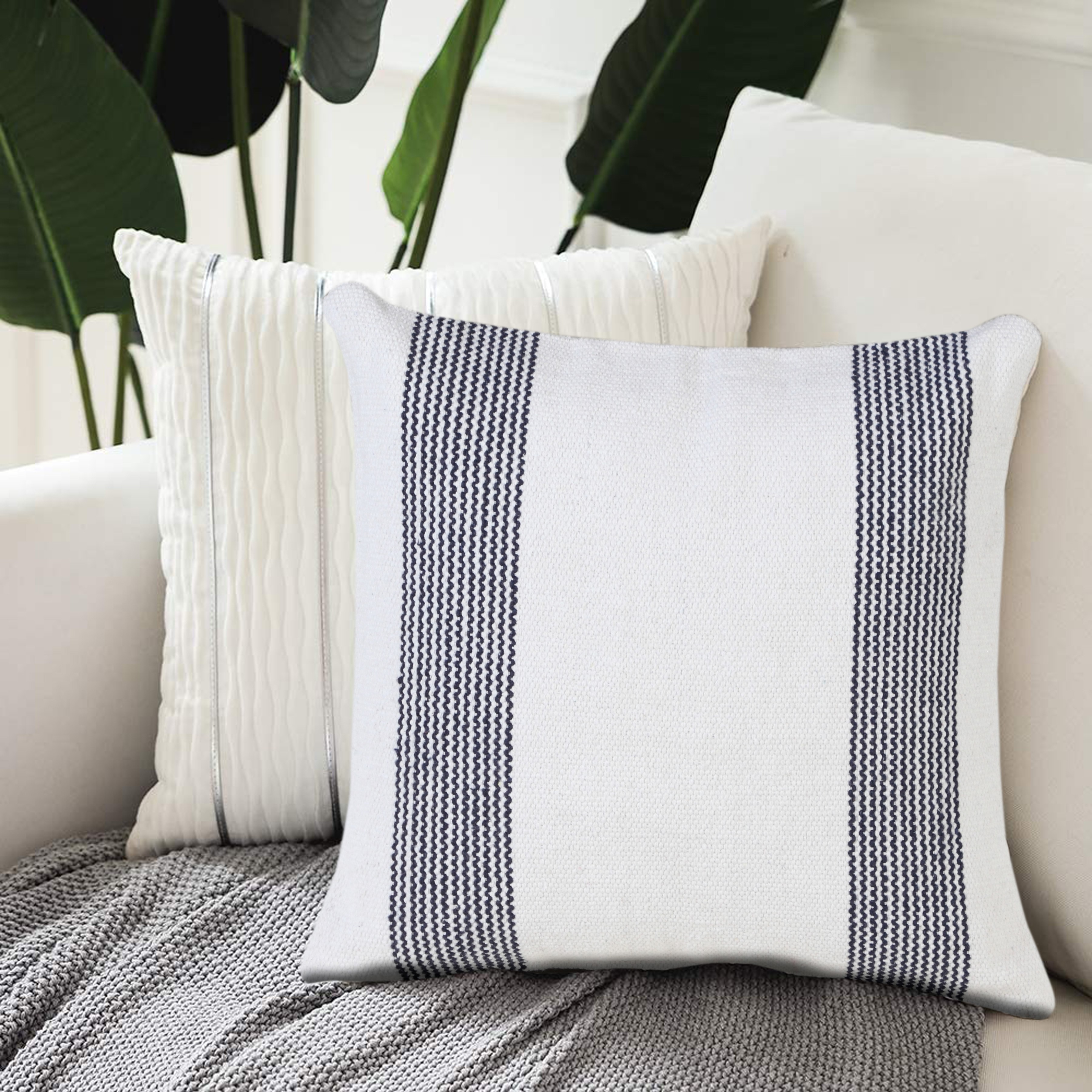 Ox Bay Cassidy Deep Blue/White Striped Cotton Adult Decorative Throw Pillow