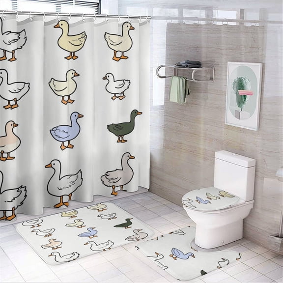 Shower Curtain Set 4 Piece include Shower Curtain and Rugs and Non Slip U Shaped Toilet Rugs Luxury Bathroom Decor Cute Goose