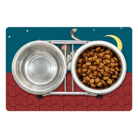 Cat and Mouse Pet Mat for Food and Water, Nighttime Cartoonish Demonstration of a Predator and Prey on the Roof, Non-Slip Rubber Mat for Dogs and Cats, 18" X 12", by Ambesonne