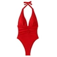 thumbnail image 4 of Mifsaly Tummy Control One Piece Swimsuit Women Deep V Neck Halter Bathing Suit Ruched Front Slim Fit Monokini Elegant Full Coverage Swimwear XL, 4 of 5